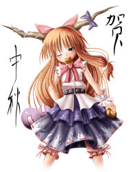 Rule 34 | 1girl, :3, bow, brown eyes, female focus, highres, horns, ibuki suika, long hair, mouth hold, orange hair, saber 01, solo, standing, touhou, white background, wink