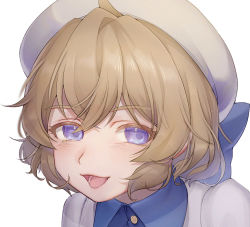 Rule 34 | 1girl, bad id, bad pixiv id, beret, blue bow, blue eyes, blush, bow, brown hair, commentary, hair between eyes, hair bow, hat, iwanaga kotoko, kyokou suiri, looking at viewer, okitanation, open mouth, portrait, purple eyes, short hair, simple background, smile, solo, sweater, white background