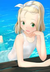 Rule 34 | 1girl, :d, blonde hair, collarbone, green eyes, hairband, highres, i-504 (kancolle), kantai collection, luigi torelli (kancolle), masukuza j, one-piece swimsuit, open mouth, partially submerged, school swimsuit, short hair, smile, solo, swimsuit, white hairband, white school swimsuit, white one-piece swimsuit