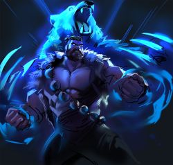 Rule 34 | 2boys, aura, baggy pants, bara, bead belt, beads, bear, beard, belt, black hair, blue eyes, dopey (dopq), facial hair, facial tattoo, fangs, feet out of frame, glowing, glowing eyes, highres, jacket, league of legends, looking to the side, male focus, manly, mature male, multiple boys, muscular, muscular male, no shirt, open mouth, pants, short hair, sleeveless, tattoo, teeth, tongue, udyr, volibear