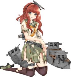 Rule 34 | artist request, black panties, braid, chain, curly hair, de ruyter (kancolle), dress, green dress, hairband, headgear, kantai collection, machinery, official art, panties, red hair, school uniform, serafuku, solo, thighhighs, torn clothes, transparent background, turret, underwear, yellow eyes