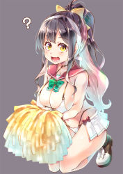 Rule 34 | 1girl, ?, alternate costume, alternate hairstyle, bikini, black hair, breasts, cheerleader, cleavage, commentary request, fang, full body, grey background, highres, imu sanjo, kantai collection, large breasts, long hair, looking at viewer, multicolored hair, naganami (kancolle), pink hair, pleated skirt, pom pom (cheerleading), ponytail, red sailor collar, sailor bikini, sailor collar, simple background, skin fang, skirt, solo, squatting, swimsuit, white bikini, white skirt