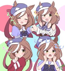 Rule 34 | 1girl, :d, animal ears, arm up, arms behind head, bare shoulders, black bow, blouse, blue bow, blue headwear, blue shirt, blush, bow, breasts, brown eyes, brown hair, cabbie hat, clenched hands, closed eyes, clothing cutout, collared shirt, commentary request, cropped torso, ears through headwear, eyebrows hidden by hair, facing viewer, hair ornament, hairclip, hands up, hat, highres, horse ears, jacket, kujou karasuma, long sleeves, looking at viewer, matikane tannhauser (umamusume), medium breasts, multicolored hair, multiple views, open mouth, puffy long sleeves, puffy short sleeves, puffy sleeves, red jacket, school uniform, shirt, short sleeves, shoulder cutout, signature, sleeves past wrists, smile, streaked hair, swept bangs, tears, tilted headwear, tracen school uniform, track jacket, translation request, umamusume, upper body, white background, white hair