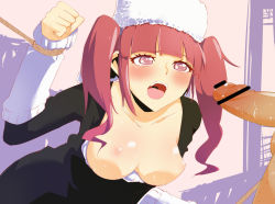 Rule 34 | 1boy, 1girl, bleach, blush, breasts, censored, dokugamine riruka, hat, looking at penis, open mouth, penis, pink hair, restrained, seihoukei, sweat, tears, twintails, uvula