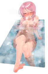 Rule 34 | 1girl, absurdres, barefoot, bath, bathing, bathtub, feet, foreshortening, hair between eyes, highres, long hair, looking at viewer, nude, one eye closed, open mouth, original, partially submerged, red eyes, rubyaano (ducl323), soles, steam, toes, transparent background, underwear, water, wet, white background