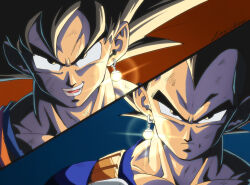 Rule 34 | 2boys, :d, artist name, black eyes, black hair, blue background, collarbone, dragon ball, dragonball z, earrings, eegiiartto, frown, glowing, glowing earrings, highres, jewelry, looking at viewer, male focus, multiple boys, open mouth, potara earrings, red background, scratches, serious, signature, simple background, single earring, smile, son goku, spiked hair, teeth, upper body, v-shaped eyebrows, vegeta, widow&#039;s peak