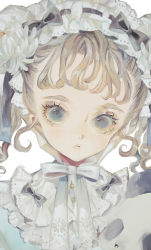 Rule 34 | 1girl, black bow, black ribbon, blonde hair, blue eyes, bow, curly hair, eyelashes, hair bow, hair ribbon, head tilt, highres, looking at viewer, maid headdress, neck ribbon, original, parted lips, portrait, ribbon, simple background, solo, twintails, white background, white ribbon, wide-eyed, yogisya