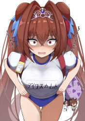 Rule 34 | 1girl, antenna hair, bloomers, breasts, brown hair, clothes writing, constricted pupils, cowboy shot, daiwa scarlet (umamusume), gym uniform, highres, horse girl, large breasts, long hair, looking at viewer, open mouth, red eyes, seiji (artman), shaded face, short sleeves, solo, tiara, twintails, umamusume, underwear, very long hair