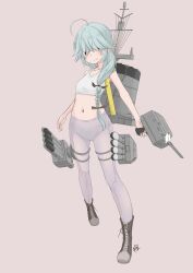 Rule 34 | adapted turret, ahoge, black ribbon, boots, braid, brown eyes, cannon, cross-laced footwear, grey background, grey hair, grey pantyhose, hair over eyes, hair ribbon, hamanami (kancolle), highres, kantai collection, lace-up boots, long hair, machinery, navel, neve (morris-minicooper), pantyhose, ribbon, simple background, single braid, smokestack, sports bra, standing, torpedo launcher, turret