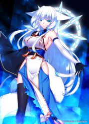 Rule 34 | 1girl, animal ears, blue eyes, breasts, elbow gloves, fox ears, fox tail, gloves, jewelry, konshin, long hair, no panties, orie mishiro, pixiv fantasia, pixiv fantasia fallen kings, ring, sideboob, solo, tail, thighhighs, torn clothes, white hair