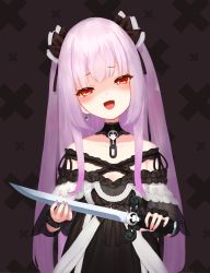 Rule 34 | absurdres, bare shoulders, black ribbon, blush, chain, dagger, earrings, fang, fingernails, frills, glint, gothic lolita, highres, holding, holding dagger, holding knife, holding weapon, hololive, hololive fantasy, jewelry, juffles, knife, lolita fashion, long hair, looking at viewer, nail polish, open mouth, patterned, patterned background, pink hair, pink nails, red eyes, ribbon, shaded face, single earring, skin fang, smile, solo, tongue, twintails, uruha rushia, uruha rushia (3rd costume), virtual youtuber, weapon, x