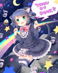 Rule 34 | 1girl, :d, animal ears, arisugawa maple, bad id, bad pixiv id, bell, blue hair, blush, bow, building, cat ears, cat tail, copyright name, crescent, curly hair, cyan (show by rock!!), dress, english text, full body, green eyes, heart, jingle bell, layered dress, lolita fashion, long sleeves, looking at viewer, maid headdress, musical note, open mouth, outline, pink bow, quaver, sanotsuki, show by rock!!, smile, sparkle, speech bubble, spoken copyright, star (symbol), striped clothes, striped thighhighs, tail, thighhighs