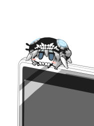 Rule 34 | 10s, 1girl, abyssal ship, blush stickers, cellphone, chibi, glowing, glowing eyes, goma (gomasamune), grey eyes, grey hair, jitome, kantai collection, mini person, minigirl, pale skin, phone, simple background, smartphone, solo, teeth, turret, white background, wo-class aircraft carrier