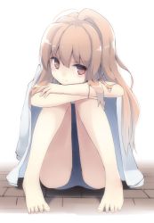 Rule 34 | &gt;:/, 1girl, :/, aisaka taiga, barefoot, blush, brown eyes, brown hair, closed mouth, feet, frown, full body, hand on own knee, head tilt, long hair, makadamixa, on ground, one-piece swimsuit, school swimsuit, sitting, solo, swimsuit, toradora!, v-shaped eyebrows, white background