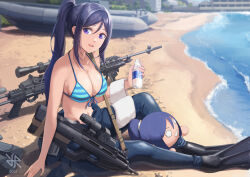 Rule 34 | 1girl, 2023, artist logo, assault rifle, bare shoulders, battle rifle, beach, between legs, bikini, blue hair, boat, bottle, breasts, bullpup, cleavage, dated, diving suit, eotech, fingernails, fn f2000, front-tie bikini top, front-tie top, gun, hair between eyes, highres, hiroki ree, holding, holding bottle, large breasts, long hair, looking at viewer, love live!, love live! sunshine!!, m14, matsuura kanan, mk 14 ebr, modular weapon system, navel, nesoberi, open mouth, ponytail, purple eyes, rifle, scope, smile, striped bikini, striped clothes, swimsuit, towel, watercraft, weapon