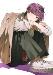 Rule 34 | 1boy, absurdres, black hair, blush, closed mouth, colored tips, commentary, green eyes, grey pants, hair between eyes, heart, highres, hugging own legs, jacket, jacket on shoulders, kabedad, knees up, looking at viewer, male focus, multicolored hair, necktie, original, pants, purple hair, red necktie, roots (hair), shadow, shirt, short hair, sitting, solo, white background, white shirt, white sneakers