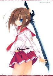 Rule 34 | 1girl, absurdres, ass, blue eyes, breasts, brown hair, character request, hair ornament, hairclip, hidan no aria, highres, holding, holding sword, holding weapon, kobuichi, long sleeves, looking at viewer, official art, page number, pleated skirt, red skirt, scan, school uniform, serious, short hair, skirt, small breasts, sword, twisted torso, weapon