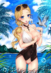 Rule 34 | 1girl, adjusting clothes, adjusting swimsuit, animal, artist name, azur lane, bird, black choker, black one-piece swimsuit, blonde hair, blue eyes, blue flower, blurry, blurry background, blush, bracelet, breasts, bubble, casual one-piece swimsuit, censored, choker, cleavage, closed mouth, collarbone, condom, condom in mouth, convenient censoring, covered erect nipples, covered navel, cowboy shot, depth of field, earrings, eyewear on head, flower, grass, hair flower, hair ornament, hair over shoulder, hair tie, halterneck, hibiscus, highres, hood (azur lane), jewelry, large breasts, long hair, looking at viewer, mouth hold, o-ring, o-ring swimsuit, ocean, one-piece swimsuit, one breast out, open clothes, outdoors, palm tree, pointless censoring, pussy, sarong, see-through, shiny skin, signature, smile, solo, standing, sunglasses, swimsuit, thigh strap, thighs, tree, veins, veiny breasts, white one-piece swimsuit, whitepoplartree