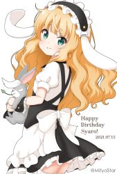 Rule 34 | 1girl, animal, animal ears, apron, black dress, black hairband, blonde hair, blush, character name, closed mouth, commentary request, dated, dress, fake animal ears, fleur de lapin uniform, floppy ears, frilled apron, frilled hairband, frilled skirt, frills, from side, gochuumon wa usagi desu ka?, green eyes, hairband, happy birthday, highres, holding, holding animal, kirima syaro, long hair, mitya, mouth hold, puffy short sleeves, puffy sleeves, rabbit, rabbit ears, scar, scar across eye, scar on face, shirt, short sleeves, simple background, skirt, smile, stalk in mouth, thighhighs, twitter username, very long hair, waist apron, wavy hair, white background, white shirt, white thighhighs, wild geese