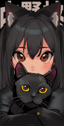 Rule 34 | 1girl, absurdres, animal, animal ear fluff, animal ears, artist name, black cat, black hair, brown eyes, cat, cat ears, cat girl, character name, hair between eyes, highres, holding, holding animal, holding cat, japanese text, k-on!, kemonomimi mode, long hair, looking at viewer, nakano azusa, solo, taqi99, twintails