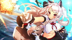 Rule 34 | 1girl, animal ears, aruto (shake onigiri), azur lane, black gloves, black skirt, blue sky, blush, braid, breasts, clenched hand, closed mouth, crop top, crop top overhang, day, explosion, fake animal ears, fang, fang out, fingerless gloves, fire, firing, gloves, highres, large breasts, long hair, nail polish, navel, ocean, outstretched arm, red eyes, red ribbon, ribbon, rigging, single braid, skirt, sky, smile, solo, stuffed animal, stuffed toy, stuffed wolf, torpedo tubes, underboob, very long hair, water, white hair, yuudachi (azur lane)