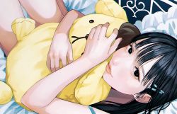 Rule 34 | 1girl, black eyes, black hair, bright pupils, closed mouth, highres, lipstick, long hair, looking at viewer, lying, makeup, hugging object, on back, original, pink lips, solo, strap slip, stuffed animal, stuffed rabbit, stuffed toy, tsunko (9v2 q), white pupils