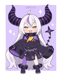 Rule 34 | :d, ahoge, blush stickers, braid, chibi, commentary, demon girl, english commentary, fang, french braid, highres, hololive, horns, kukie-nyan, la+ darknesss, long hair, multicolored hair, open mouth, purple hair, silver hair, skin fang, sleeves past fingers, sleeves past wrists, smile, streaked hair, striped horns, tail, twitter username, v-shaped eyebrows, very long hair, virtual youtuber, yellow eyes