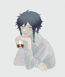 Rule 34 | 1boy, alcohol, androgynous, bad id, bad twitter id, black hair, blue hair, braid, collarbone, collared shirt, cropped torso, cup, genshin impact, gradient hair, green eyes, grey background, hand on own chin, highres, holding, holding cup, k.t 1860, long sleeves, looking at viewer, male focus, multicolored hair, open mouth, see-through, shirt, short hair with long locks, simple background, smile, solo, twin braids, upper body, venti (genshin impact), water, whiskers, white background, white shirt