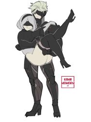 Rule 34 | 1boy, 1girl, 2b (nier:automata), android, ass, black blindfold, black thighhighs, black tiara, blindfold, carrying, carrying person, closed mouth, covered eyes, crossover, cyborg, full body, gloves, heattech leotard, high heels, highres, holding, kamii momoru, leotard, mechanical parts, metal gear (series), metal gear rising: revengeance, nier:automata, nier (series), one eye covered, princess carry, raiden (metal gear), short hair, smile, thick thighs, thighhighs, thighs, tiara, turtleneck, white hair, white leotard