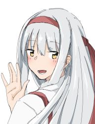 Rule 34 | 1girl, blush, brown eyes, from behind, gesture, hair between eyes, headband, highres, japanese clothes, kantai collection, long hair, looking at viewer, miko, nontraditional miko, open mouth, po0000000000, red headband, shoukaku (kancolle), solo, white hair, yellow eyes