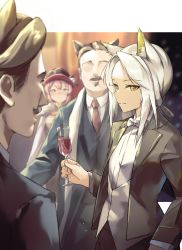 Rule 34 | 2boys, 2girls, animal ears, arknights, black jacket, blurry, blush, bokeh, bow, bowtie, cat ears, collared shirt, commentary, cup, depth of field, dress shirt, driftingtiger, drinking glass, english commentary, formal, green eyes, heidi (arknights), highres, holding, holding cup, jacket, kal&#039;tsit (arknights), long sleeves, multiple boys, multiple girls, no eyes, official alternate costume, open clothes, open jacket, pink hair, shirt, short hair, sidelocks, suit jacket, tuxedo, upper body, white bow, white bowtie, white hair, white shirt, wine glass