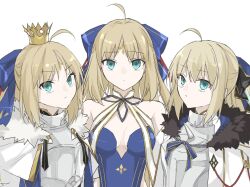 Rule 34 | 3girls, ahoge, armor, artoria caster (fate), artoria caster (swimsuit) (fate), artoria caster (swimsuit) (third ascension) (fate), artoria caster (third ascension) (fate), artoria pendragon (fate), black fur, black ribbon, blonde hair, blue bow, blue ribbon, bow, breasts, cape, closed mouth, crown, diamond (shape), fate/grand order, fate (series), fur trim, green eyes, hair between eyes, hair bow, highres, kino kokko, looking at viewer, multiple girls, red hair, ribbon, small breasts, swimsuit, aesc (fate), white background, white cape, white fur, white ribbon