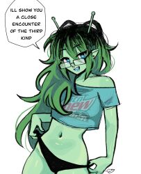 Rule 34 | + +, 1girl, alien, antennae, black hair, black panties, blue eyes, colored skin, commentary, crop top, cropped shirt, earrings, english text, glasses, green hair, green skin, highres, jewelry, long hair, megrocks, mountain dew, multicolored hair, navel, nose piercing, nose ring, off-shoulder shirt, off shoulder, original, panties, panty tug, piercing, pointy ears, shirt, signature, solo, two-tone hair, underwear, upper body, very long hair