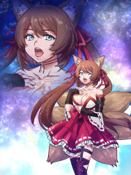Rule 34 | 1girl, animal ears, bare shoulders, blue eyes, breasts, brown hair, caleen keemosn, choker, cleavage, commission, detached sleeves, female focus, fox ears, fox girl, fox tail, garter belt, garter straps, garters, hair ribbon, hand on chest, highres, japanese clothes, large breasts, long hair, looking at viewer, miko, multiple tails, multiple views, music, n hyr, open mouth, ribbon, runes, singing, star ocean, star ocean anamnesis, stars, tail, thighhighs, twintails, very long hair