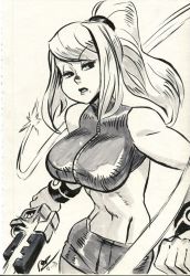 Rule 34 | 1girl, alex ahad, breasts, commission, energy sword, full-length zipper, greyscale, hair ornament, hair scrunchie, highres, holding, holding weapon, impossible clothes, jitome, large breasts, lips, long hair, marker (medium), metroid, mole, mole under mouth, monochrome, navel, nintendo, nose, photo (medium), ponytail, samus aran, scrunchie, shorts, solo, sports bra, super smash bros., sword, toned, traditional media, weapon, wristband, zipper