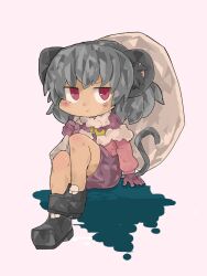 Rule 34 | 1girl, animal ears, black footwear, blush, capelet, closed mouth, commentary request, cookie (touhou), full body, fur-trimmed capelet, fur trim, grey hair, holding, holding sack, kanakamei1, long sleeves, looking at viewer, medium bangs, medium hair, mouse ears, mouse girl, mouse tail, nazrin, nyon (cookie), pink shirt, purple capelet, purple skirt, red eyes, sack, shirt, shoes, simple background, sitting, skirt, smile, solo, tail, touhou, v-shaped eyebrows, white background
