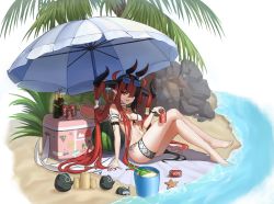 Rule 34 | $hu, 1girl, absurdres, alchemy stars, alternate costume, arm strap, barefoot, beach, beach towel, bikini, black eyes, black hair, bottle, bracelet, breasts, bucket, can, choker, coca-cola, commentary, cooler, earrings, eyewear on head, food, front-tie top, fruit, full body, heterochromia, highres, holding, holding can, horns, huge filesize, jewelry, long hair, looking at viewer, mini flag, multicolored hair, open mouth, outdoors, palm tree, pointy ears, red eyes, red hair, rock, sand, sand castle, sand sculpture, schummer (alchemy stars), shore, shovel, side-tie bikini bottom, simple background, sitting, small breasts, solo, starfish, sunglasses, swimsuit, thigh strap, towel, tree, two-tone hair, very long hair, water, watermelon, watermelon slice, white background, wine bottle