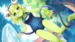 Rule 34 | 1girl, anura (monster musume), artist request, blonde hair, blue hairband, blush, cloud, colored skin, competition school swimsuit, extra eyes, frog girl, frown, full body, game cg, glasses, green eyes, green skin, hairband, holding, holding hose, hose, looking at viewer, monster girl, monster musume no iru nichijou, monster musume no iru nichijou online, official art, outdoors, school swimsuit, solo, swimsuit, tree, water, webbed hands, wet