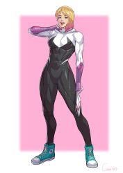 Rule 34 | 1girl, abs, absurdres, breasts, cirenk, converse, female focus, full body, gradient hair, gwen stacy, highres, marvel, medium breasts, multicolored hair, muscular, muscular female, piercing, shoes, skin tight, sneakers, solo, spider-gwen, spider-man: across the spider-verse, spider-man: into the spider-verse, spider-man (series), spider-verse