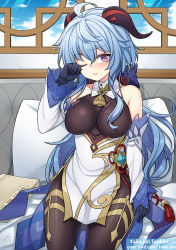 Rule 34 | 1girl, ahoge, artist name, bare shoulders, bed, bed sheet, bell, black gloves, black legwear, blue hair, blush, bow, bowtie, breasts, chinese knot, curled horns, detached sleeves, flower knot, ganyu (genshin impact), genshin impact, gloves, gold trim, horns, indoors, large breasts, long hair, looking at viewer, neck bell, one eye closed, pillow, purple eyes, rubbing eyes, sidelocks, sitting, solo, takejun, tassel, thighlet, very long hair, vision (genshin impact), waking up, white sleeves