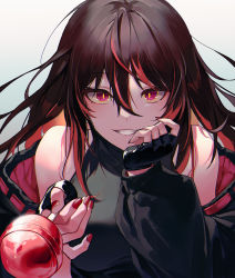 Rule 34 | 1girl, bare shoulders, black gloves, black hair, black jacket, black shirt, breasts, candy, fingerless gloves, food, gloves, grin, hair between eyes, hand on own chin, highres, holding, jacket, kani (kkk kani), lollipop, long hair, long sleeves, looking at viewer, medium breasts, multicolored hair, nail polish, off shoulder, open clothes, open jacket, original, purple eyes, red nails, shirt, sleeveless, sleeveless shirt, slit pupils, smile, solo, streaked hair, two-tone hair, upper body