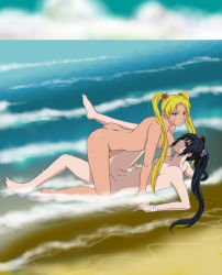 Rule 34 | 2girls, all fours, ass, beach, black eyes, black hair, blonde hair, blue eyes, blue sky, breasts, censored, closed mouth, cloud, convenient censoring, convenient leg, day, facial mark, facing viewer, flower, full body, genderswap, genderswap (mtf), girl on top, hair censor, hair flower, hair ornament, hair tie, in water, leg up, long hair, looking at viewer, lying, matching hair/eyes, medium breasts, multiple girls, naruko (naruto), naruto, naruto (series), nude, ocean, on back, on ground, outdoors, partially submerged, sand, sexy no jutsu, sky, small breasts, spread legs, tsukishiro yuuto, twintails, uchiha sasuke, uzumaki naruto, water, whisker markings, whiskers, yuri