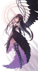 Rule 34 | 1girl, absurdres, akemi homura, akuma homura, argyle, argyle clothes, argyle legwear, arm at side, bare shoulders, black collar, black dress, black gloves, black hair, black wings, bow, clock, clothing cutout, collar, dress, elbow gloves, expressionless, feather trim, floating hair, from side, full body, gloves, hair bow, hairband, highres, long hair, looking at viewer, mahou shoujo madoka magica, mahou shoujo madoka magica: hangyaku no monogatari, no shoes, purple hairband, purple thighhighs, red eyes, side cutout, solo, standing, standing on one leg, strapless, strapless dress, thighhighs, two-sided fabric, white background, wings, xinjinjumin8456216