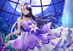 Rule 34 | 1girl, bow, collarbone, crescent, crescent earrings, dress, earrings, flower, full moon, hair flower, hair ornament, heartcatch precure!, jewelry, lily (flower), long hair, looking at viewer, moon, name connection, night, object namesake, petals, precure, purple bow, purple dress, purple eyes, purple flower, purple hair, purple rose, purple theme, rose, skirt hold, smile, solo, tsukikage oyama, tsukikage yuri, waist bow, window