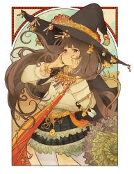 Rule 34 | 1girl, absurdres, art nouveau, belt, black hat, brown hair, commentary, commission, dongsa wonhyong, english commentary, flower, frilled skirt, frills, gem, hands on own cheeks, hands on own face, hat, hat flower, highres, huge filesize, jewelry, long hair, long sleeves, necklace, original, pantyhose, parted lips, pixiv commission, plant, purple eyes, red flower, skirt, solo, very long hair, vines, white pantyhose, witch, witch hat