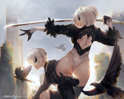 Rule 34 | 1boy, 1girl, artist name, ass, back cutout, bandages, bird, black blindfold, black gloves, black hairband, blindfold, clothing cutout, crow, eyepatch, feather-trimmed sleeves, flying, gloves, hairband, highleg, highleg leotard, highres, hu dako, juliet sleeves, kneeling, leotard, long sleeves, mole, mole under mouth, nier:automata, nier (series), on one knee, parted lips, puffy sleeves, revision, ruins, short hair, silver hair, sunlight, sword, thigh grab, thighhighs, thong leotard, weapon, white leotard, 2b (nier:automata), 9s (nier:automata)