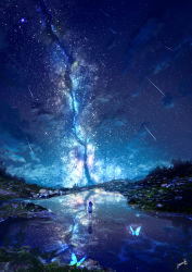 Rule 34 | 1girl, amatsuki rei, bug, butterfly, fantasy, from behind, highres, insect, meteor shower, night, original, reflection, scenery, sky, solo, star (sky), star (symbol), starry sky, walking, walking on liquid, water