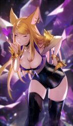 Rule 34 | 1girl, ahri (league of legends), animal ears, bent over, black thighhighs, blonde hair, breasts, choker, detached sleeves, earrings, facial mark, fox ears, fox tail, hand on own hip, heart, heart choker, jewelry, k/da (league of legends), k/da ahri, league of legends, medium breasts, nail polish, nido celisius, official alternate costume, one eye closed, solo, tail, thighhighs, whisker markings
