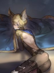 Rule 34 | 1boy, animal ears, ass, backless outfit, blonde hair, blue eyes, bottomless, cape, erune, granblue fantasy, hair over one eye, highres, krugne, looking at viewer, looking back, lying, male focus, natsuko (summer 525528), on stomach, pelvic curtain, solo