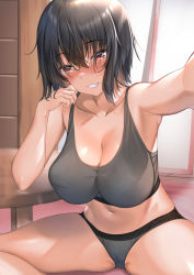 Rule 34 | 1girl, aldehyde, arm support, armpits, bare shoulders, bikini, black hair, blush, breasts, cleavage, collarbone, commentary request, grey bikini, grin, hair between eyes, hand on own cheek, hand on own face, highres, imoko (neeko&#039;s sister), impossible clothes, indian style, indoors, large breasts, looking at viewer, midriff, navel, original, outstretched arm, paid reward available, parted lips, red eyes, selfie, short hair, sidelocks, sitting, smile, solo, sports bikini, sports bra, swimsuit, table, teeth